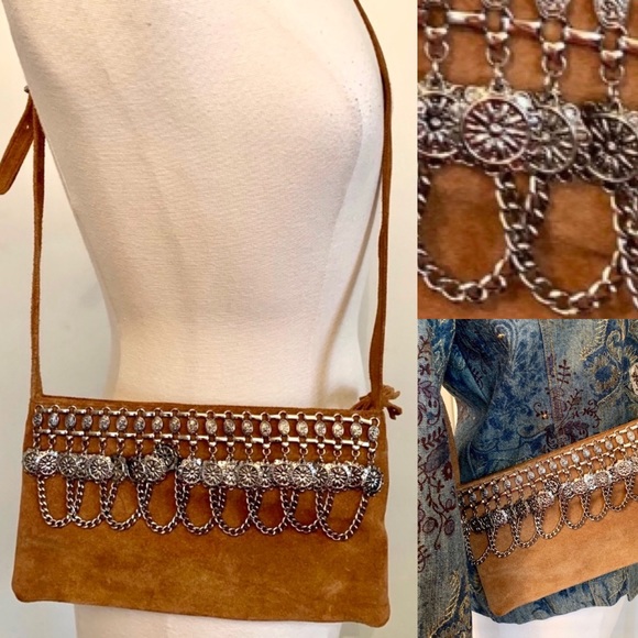 Express Handbags - Brown Suede Leather crossbody Chain Detail Western Vintage Purse